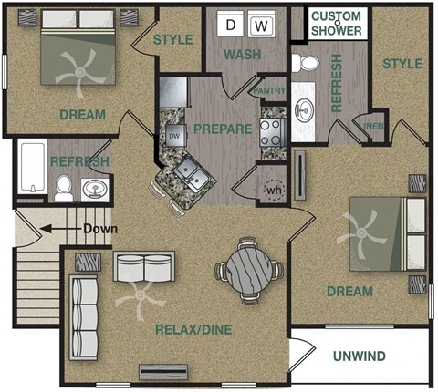 Floorplan image of a 2 bedroom, 2 bathroom with 1.149 sq. ft.