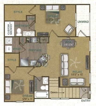 Floorplan image of a 2 bedroom, 2 bathroom with 1,149 sq. ft.