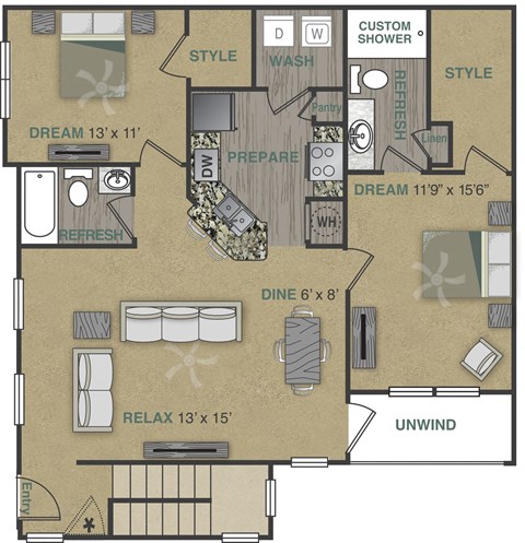 Floorplan image of a 2 bedroom, 2 bathroom with 1,243 sq. ft.