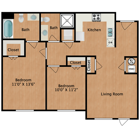 Image of 2 bedroom, two bathroom apartment with 800 sq. ft.