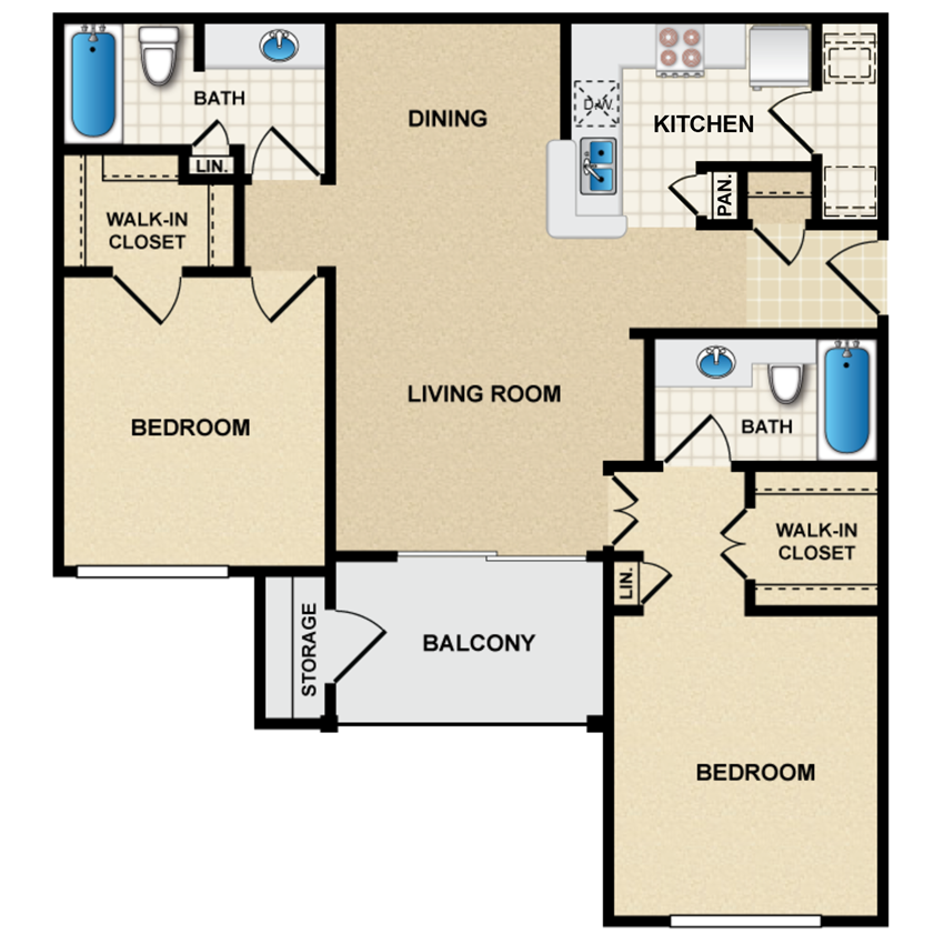 2 bedroom, 2 bathroom