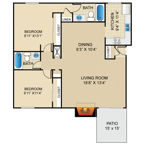 2 bedroom, 2 bathroom