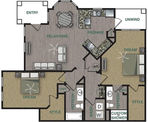 Floorplan image of a 2 bedroom, 2 bathroom with 1,328 sq. ft.