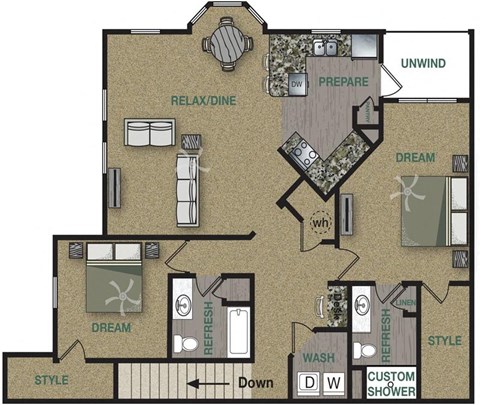 Floorplan image of 2 bedroom, 2 bathroom with 1,402 sq. ft.