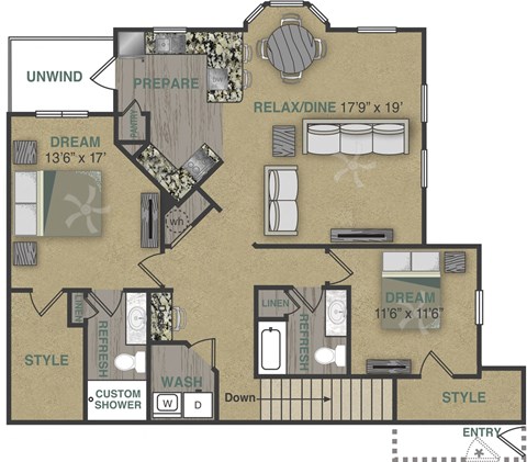Floorplan image of 2 bedroom, 2 bathroom with 1.402 sq. ft.