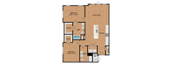 floorplan image of a 2 bedroom, 2 bathroom with 1102 sq. ft.