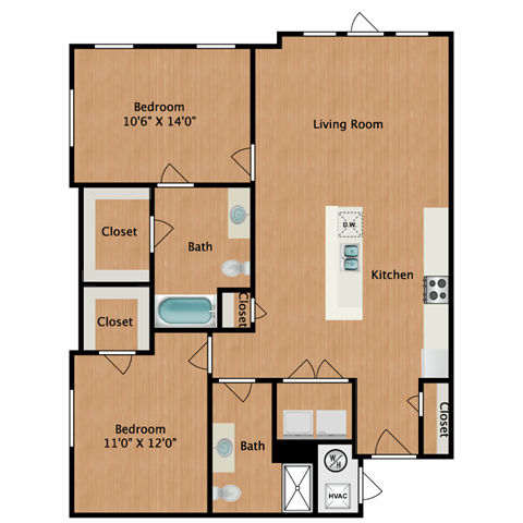 floorplan image of a 2 bedroom, 2 bathroom with 1102 sq. ft.