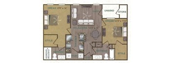 Floorplan image of 2 bedroom, 2 bathroom with 997 sq. ft.