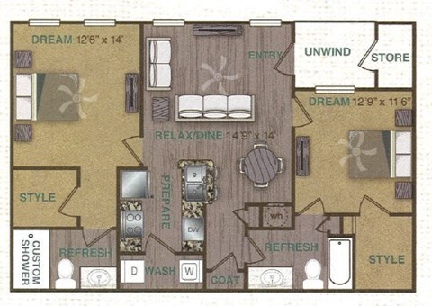 Floorplan image of 2 bedroom, 2 bathroom with 997 sq. ft.