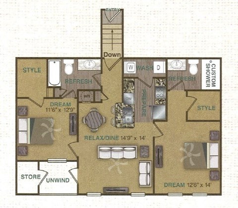 Floorplan image of 2 bedroom, 2 bathroom with 1,075 sq. ft.