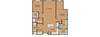 image of a 2 bedroom, 2 bathroom floorplan that is 1.282 sq. ft.