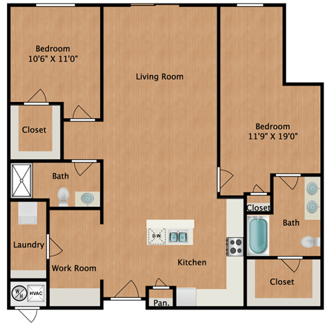 image of a 2 bedroom, 2 bathroom floorplan that is 1.282 sq. ft.