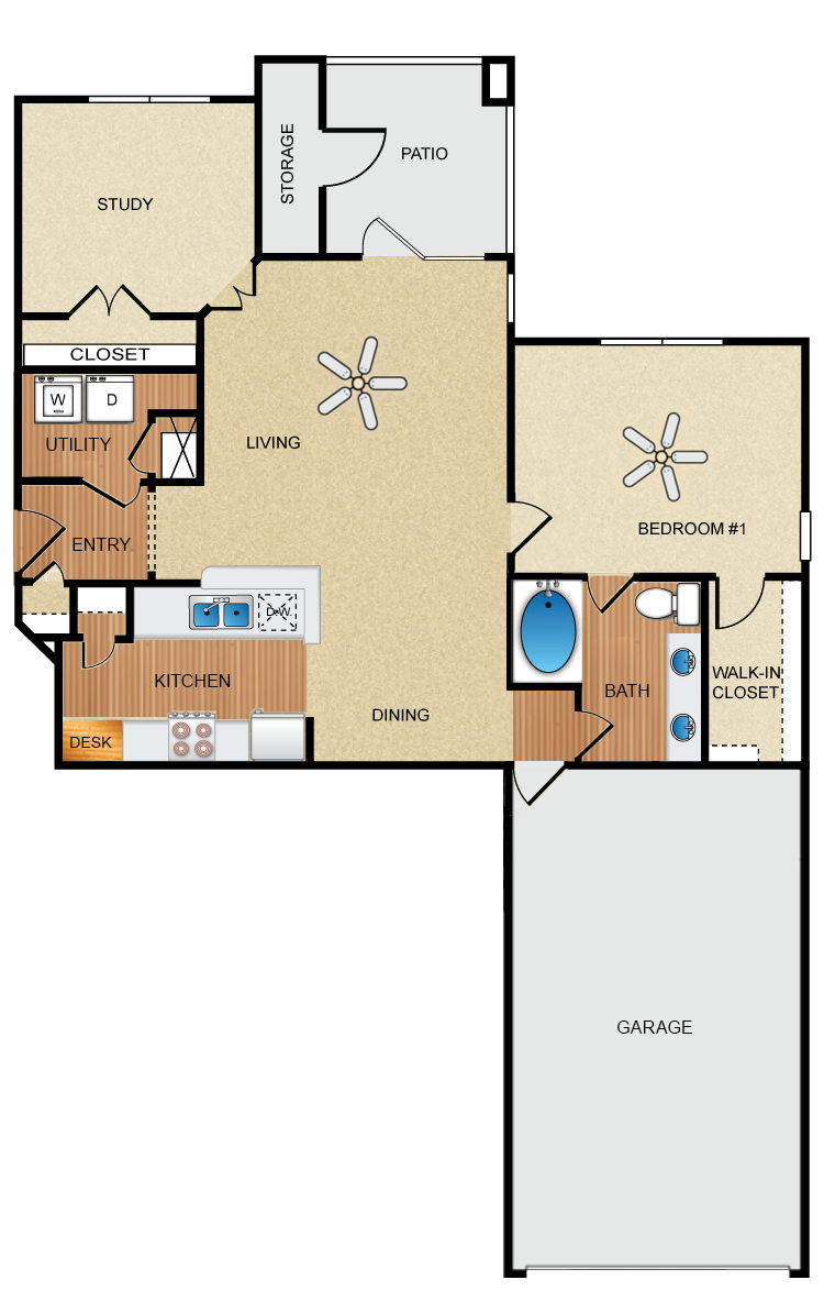 1 bedroom, 1 bathroom, study