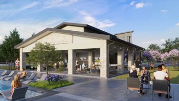 a rendering of a building with a pool in the foreground and people sitting at tables and chairs