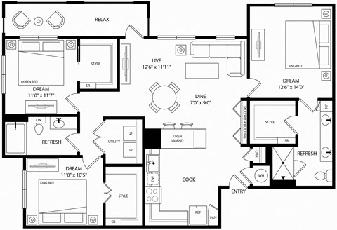 floor plan of the second level of the house including the garage and the bedrooms