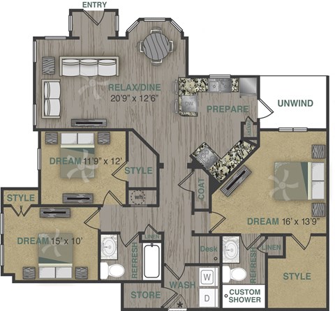 floorplan image of 3 bedroom, 2 bathroom with 1,507 sq. ft.