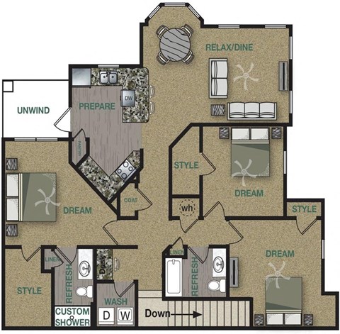 Floorplan image of 3 bedroom, 2 bathroom with 1,570 sq. ft.