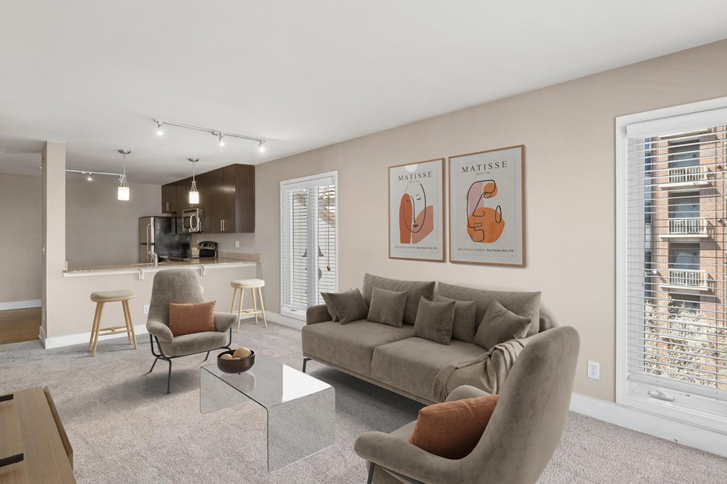 Living Area With Kitchen View at Cambria Luxury Apartment Homes, Kansas City