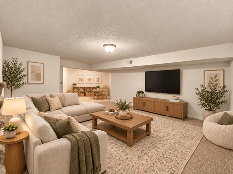 A living room with a grey couch, a wooden coffee table, and a television on the wall.