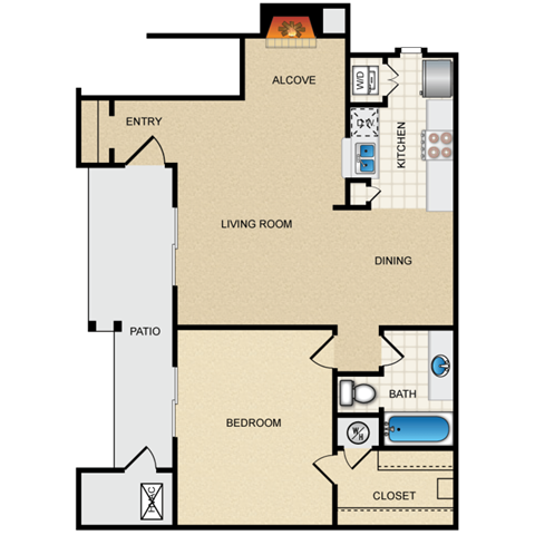 A floor plan of a house with an alcove and a patio.