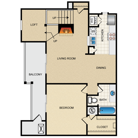 A floor plan of a living space showing a bedroom, living room, and bathroom.