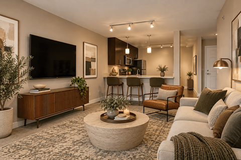 A living room with a flat screen TV mounted on the wall.