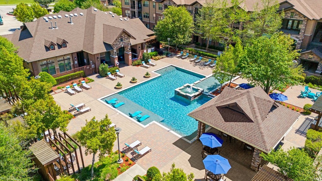 Aerial Pool View at Cypress at Lewisville Apartment Homes, Lewisville Texas