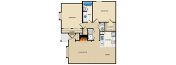 2 Bed 1 Bath Floor Plan at Waterford Place Apartments & Townhomes, Overland Park