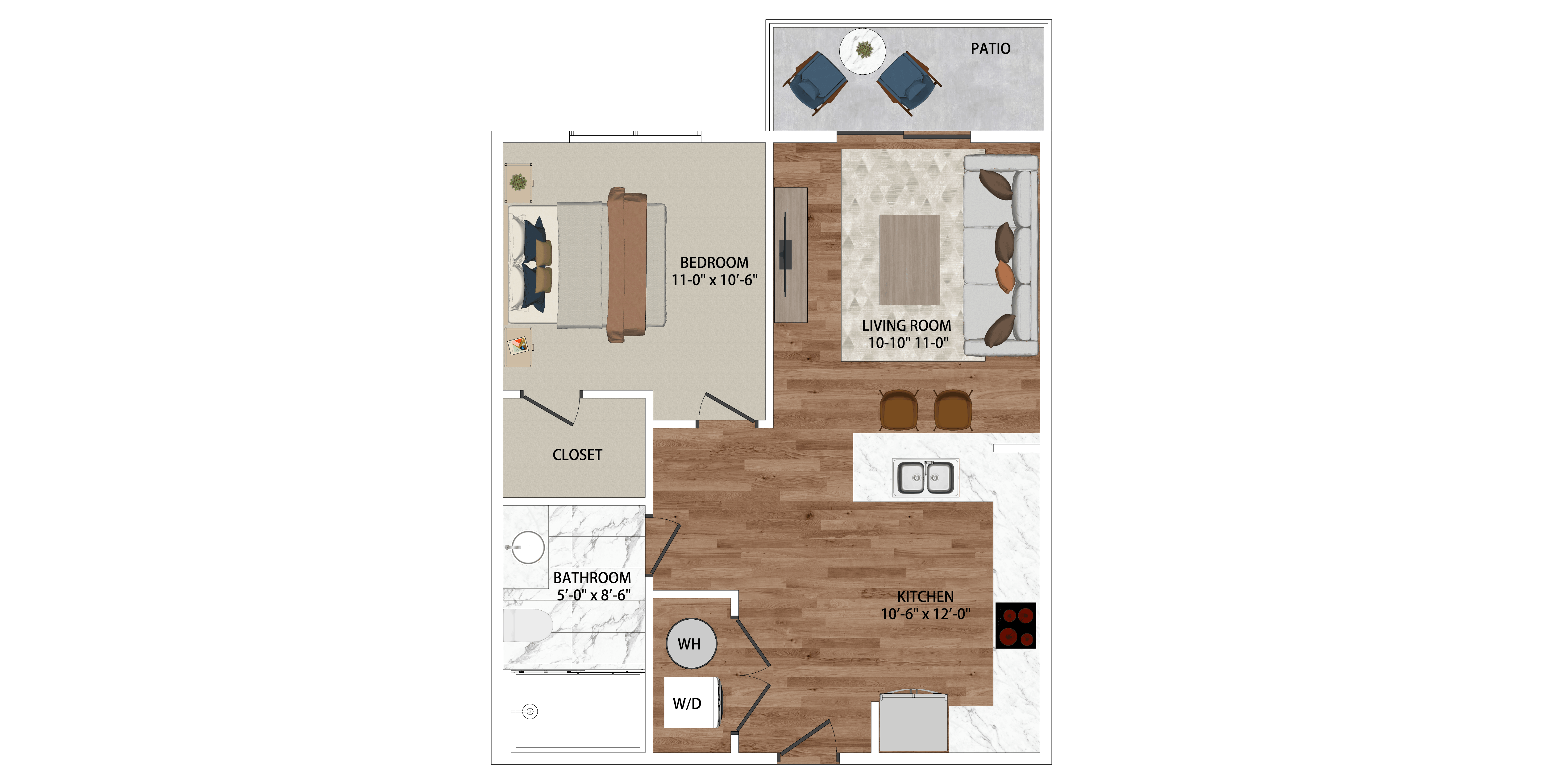 A floor plan of a house with a patio, living room, and bathroom.