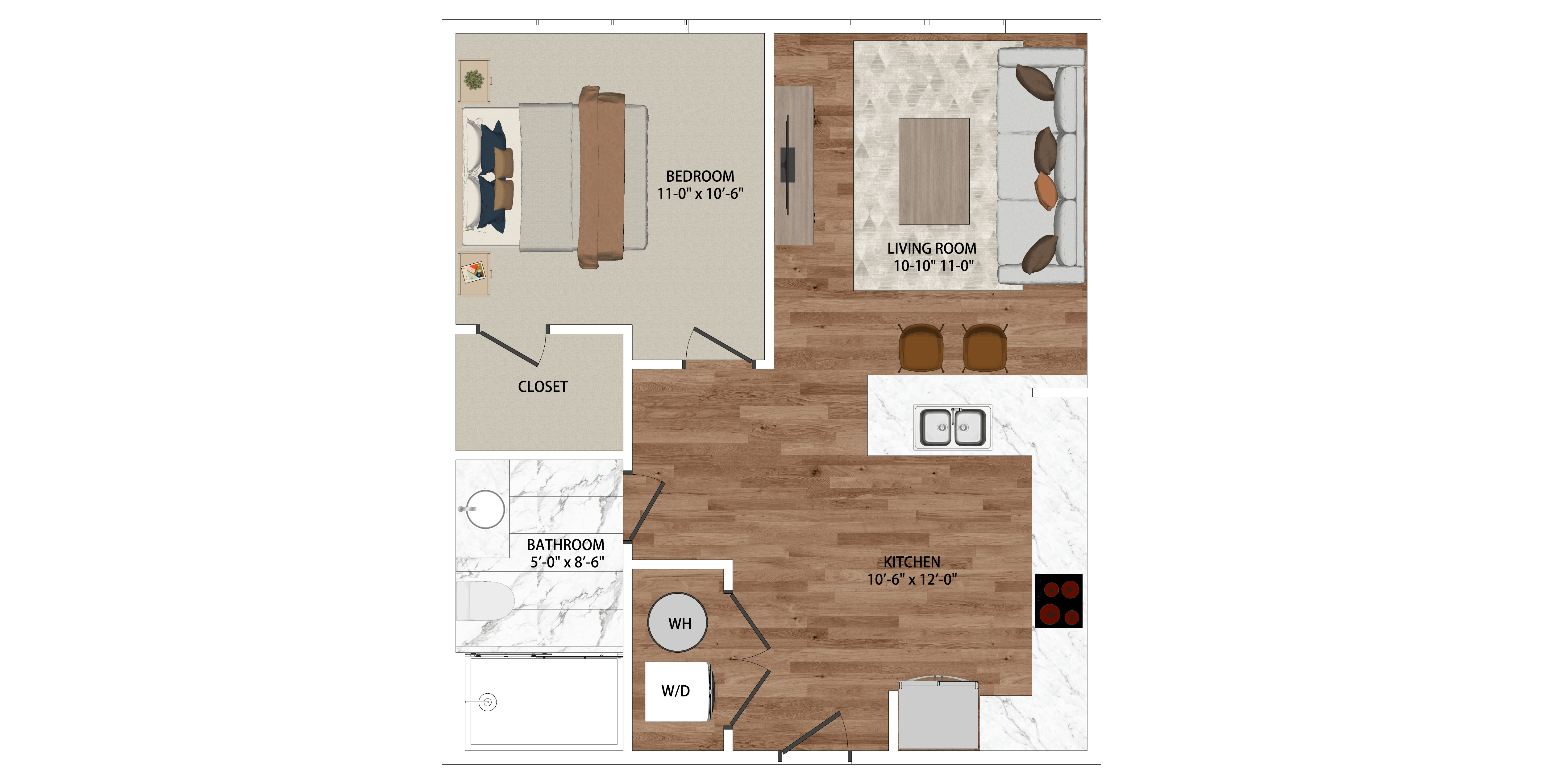A floor plan of a room with a bedroom, living room, bathroom, and closet.