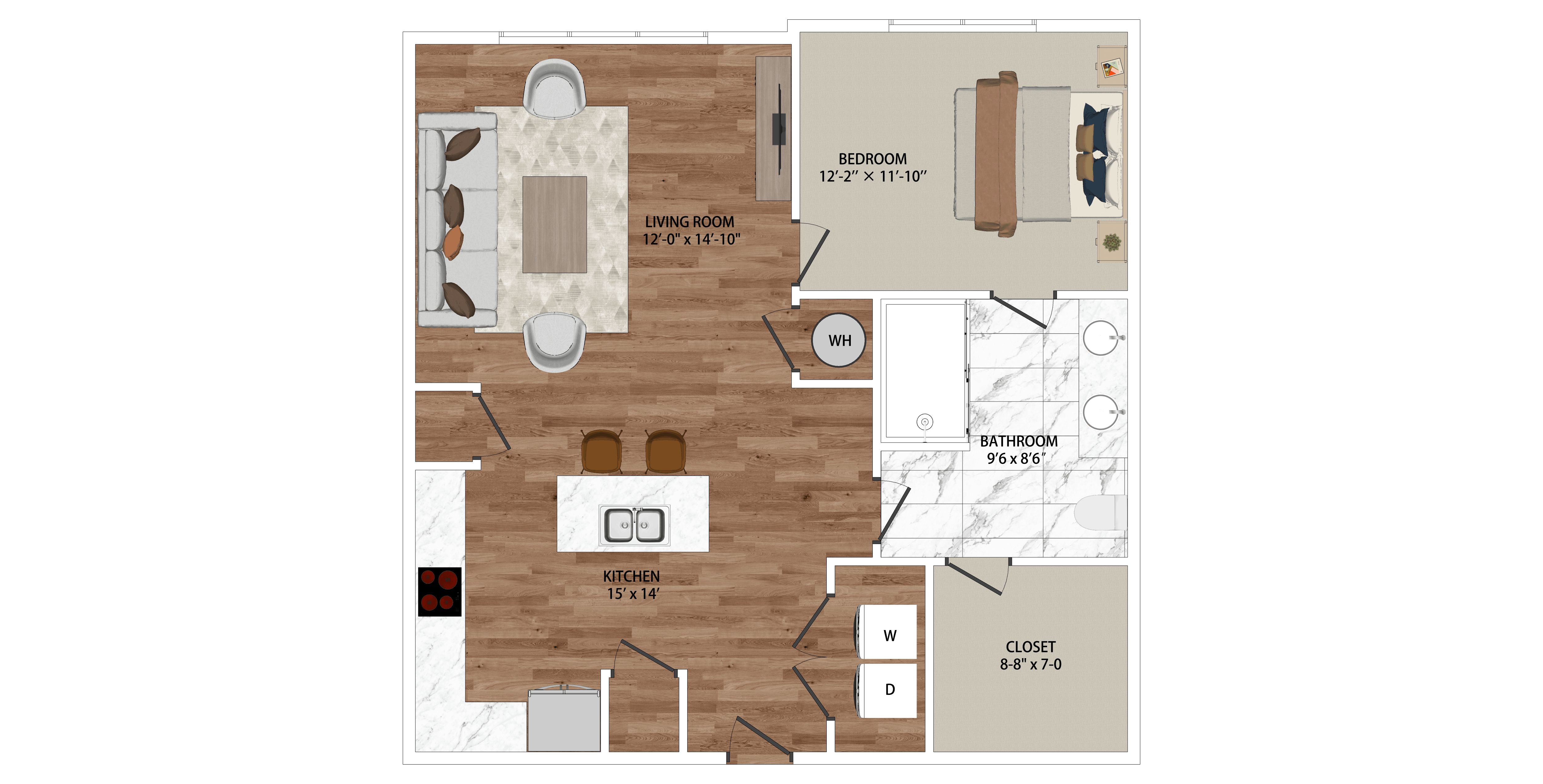 A floor plan of a house with a kitchen, living room, and bathroom.