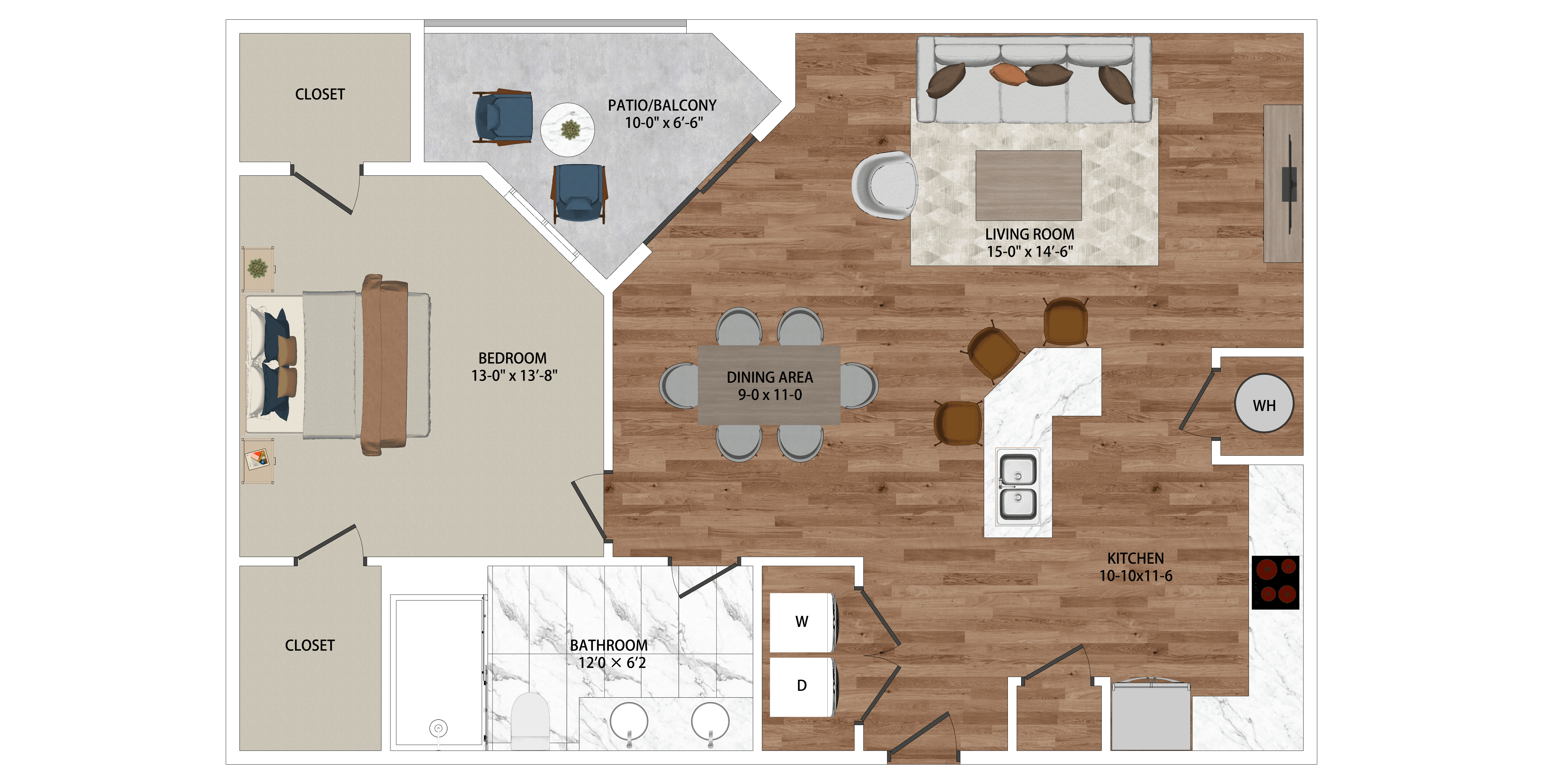 A floor plan of a house with a living room, dining area, kitchen, and bathroom.