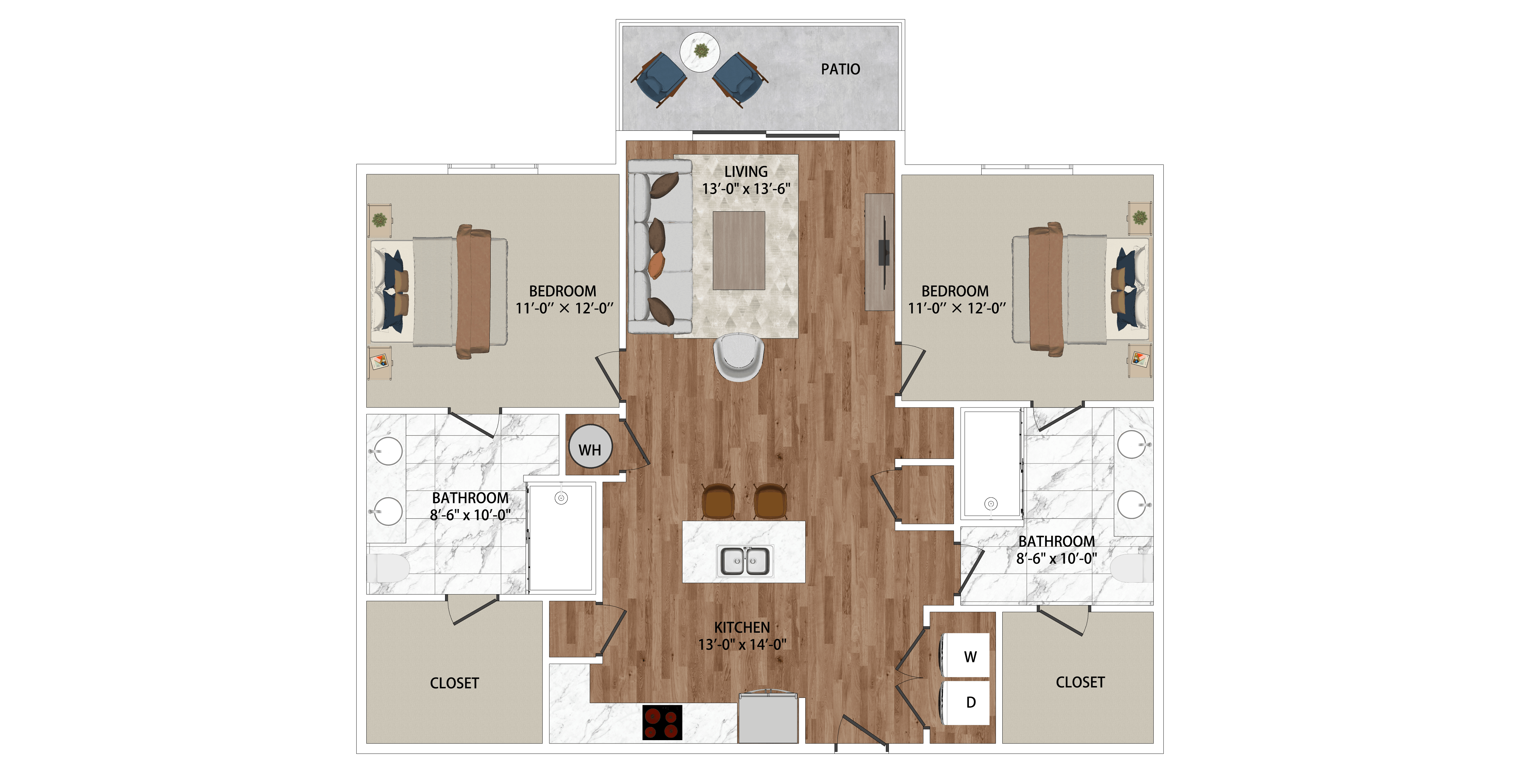 A floor plan of a house with a kitchen, two bathrooms, a dining room, and two bedrooms.