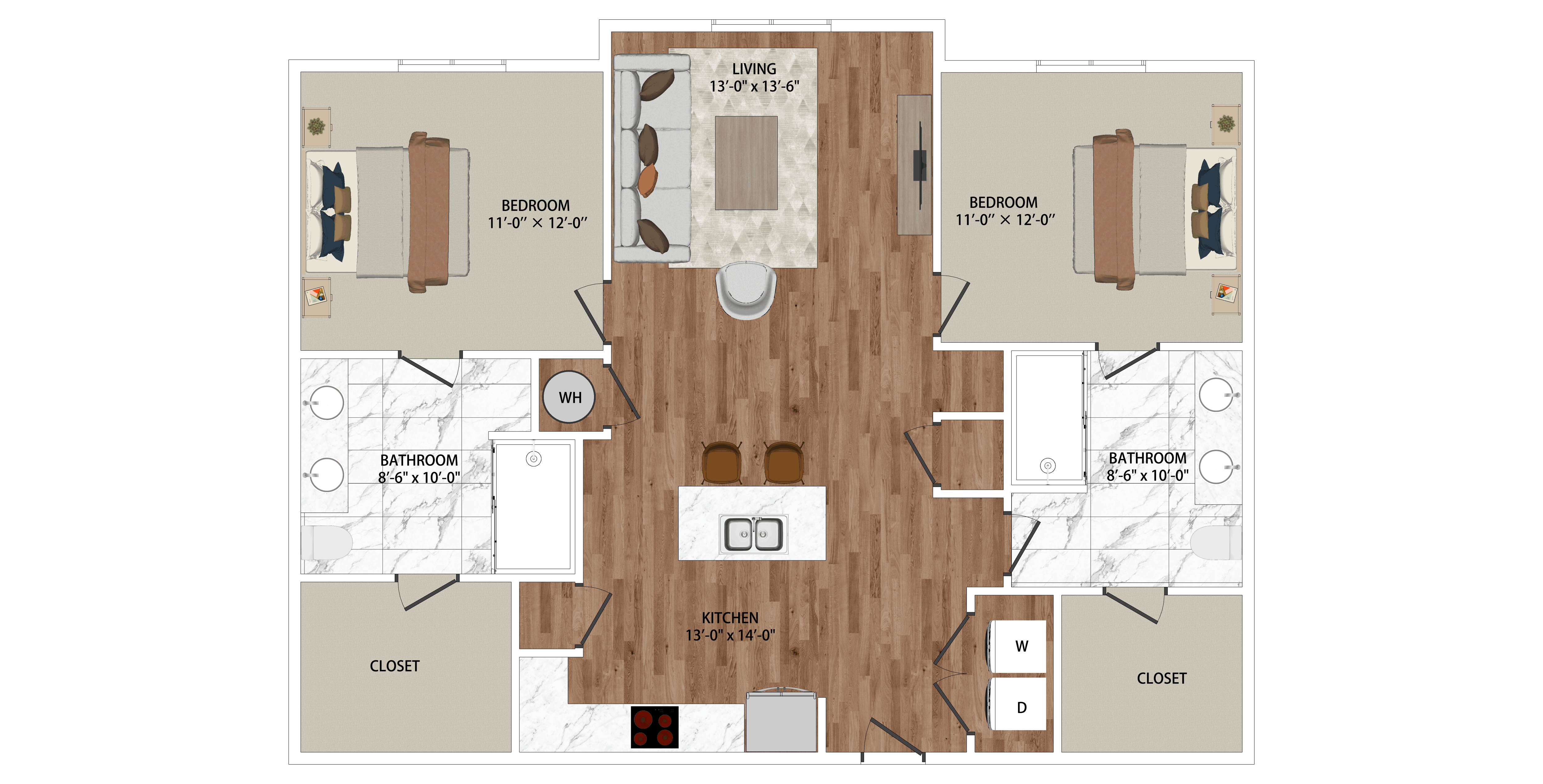 A floor plan of a house with a kitchen, living room, dining room, and bathroom.