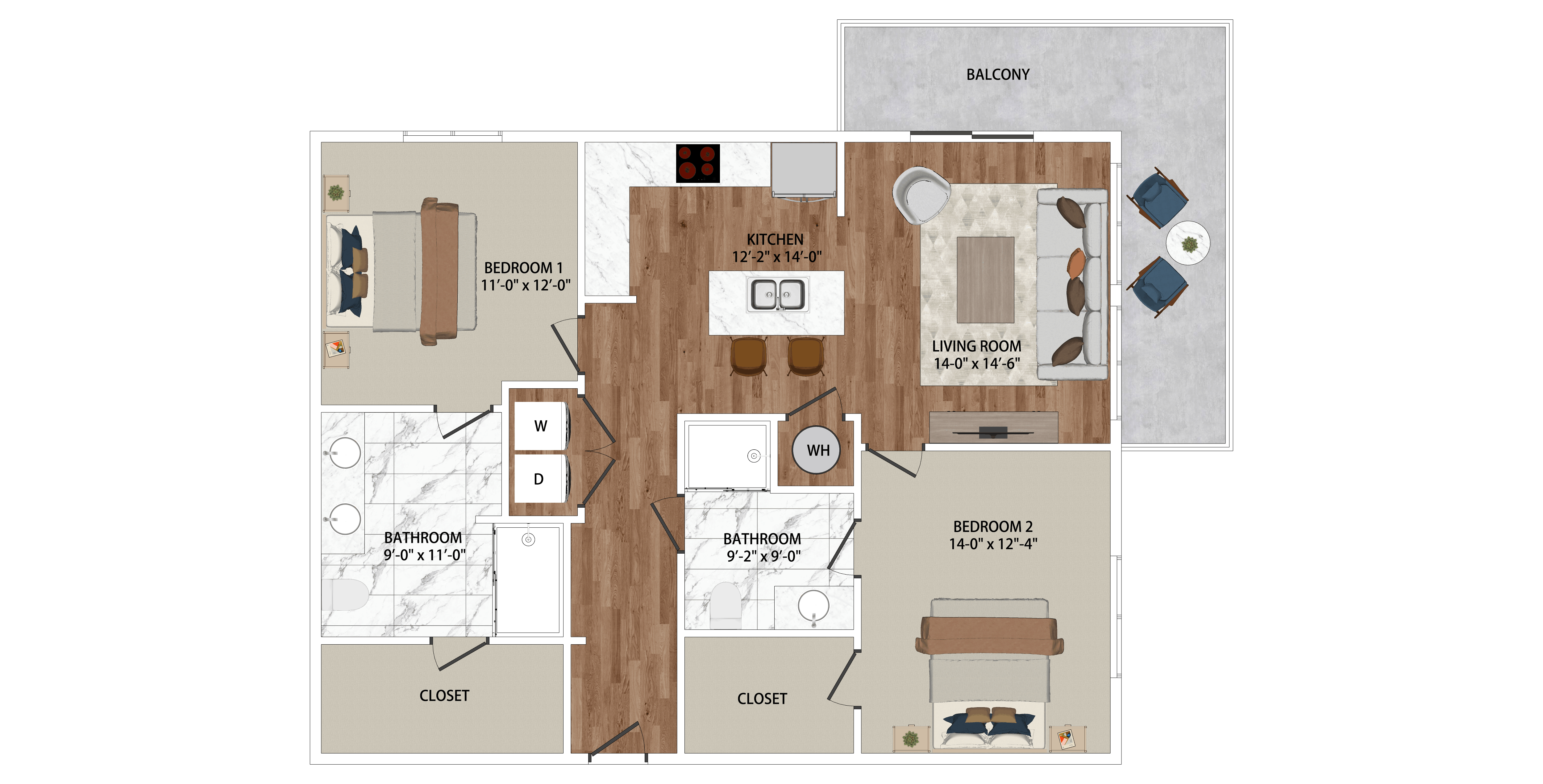 A floor plan of a house with a living room, two bedrooms, two bathrooms, a balcony, and a closet.