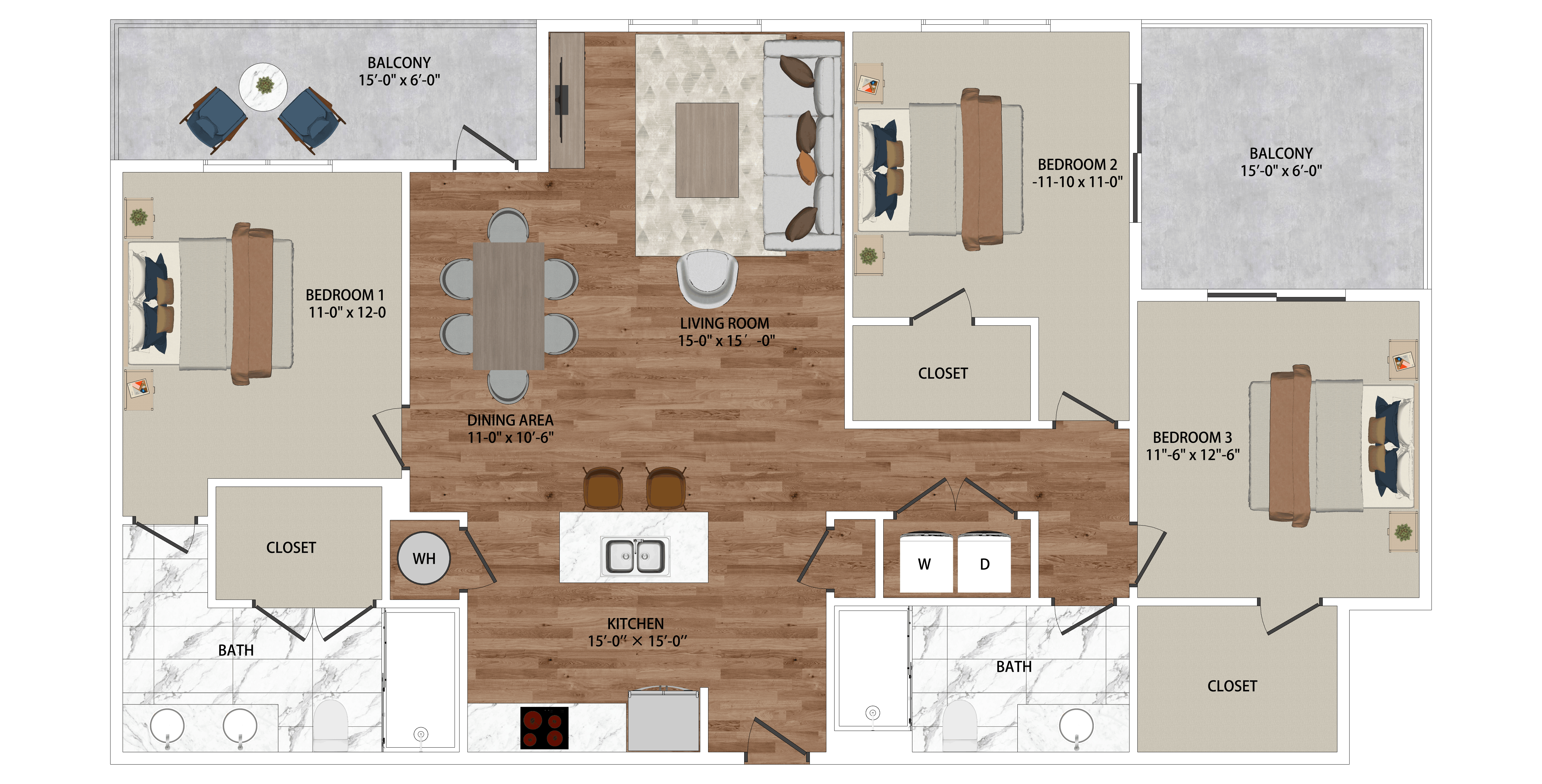 A floor plan of a house with a living room, dining room, kitchen, and three bedrooms.