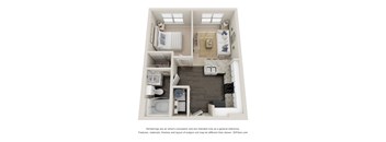 a stylized floor plan with a bedroom and a living room