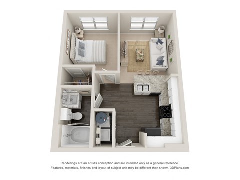 a stylized floor plan with a bedroom and a living room