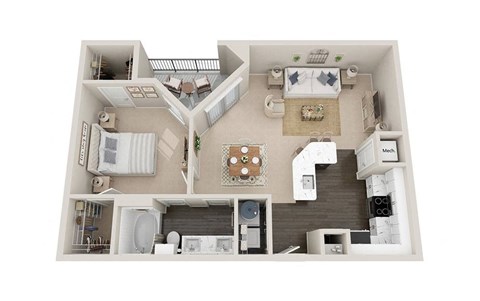 a 1 bedroom floorplan with a bathroom and a living room