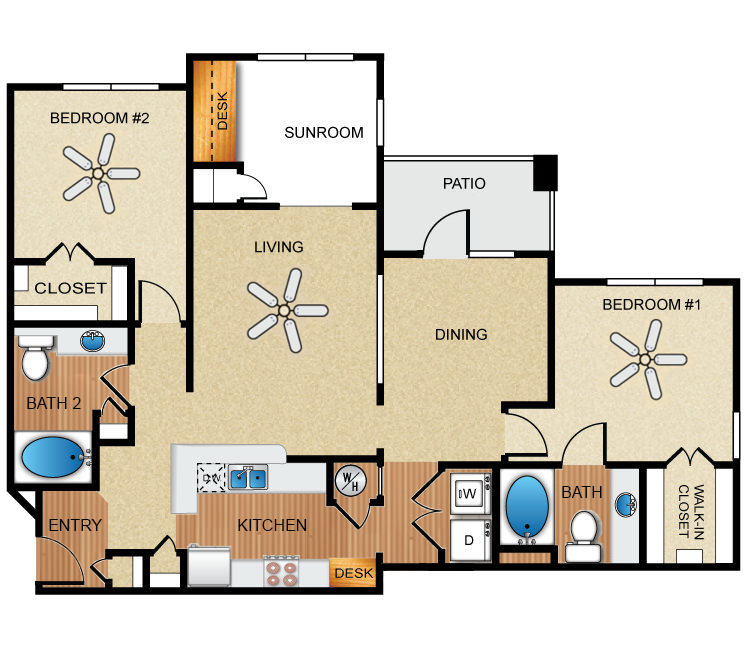 2 bedroom, 2 bathroom, sunroom