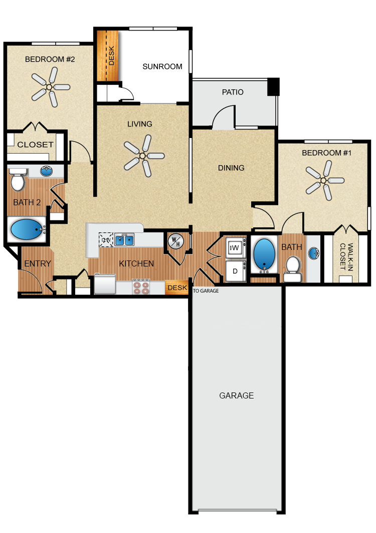 2 bedroom, 2 bathroom, sunroom
