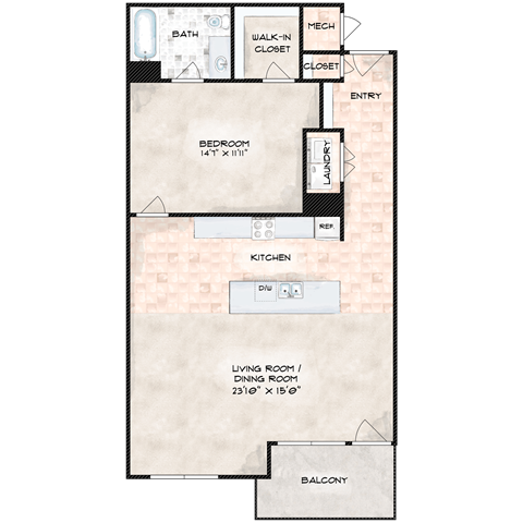 floorplan image of the 1 bedroom, 1 bathroom apartment home that is 1,012 sq. ft.