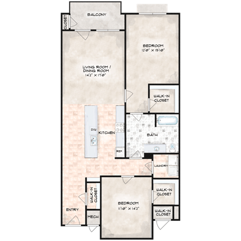 floorplan image of 2 bedroom, 1 bathroom with 1,283 sq. ft.
