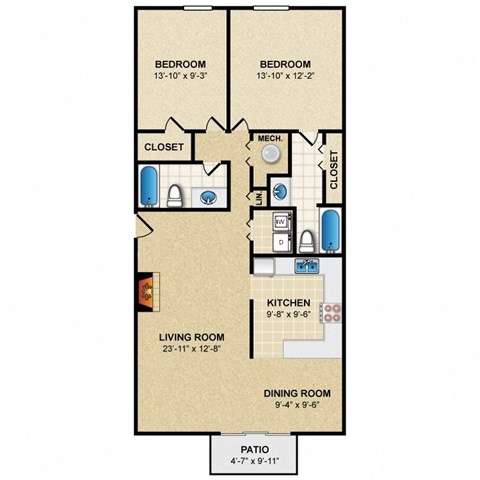 2 bedroom, 2 bathroom