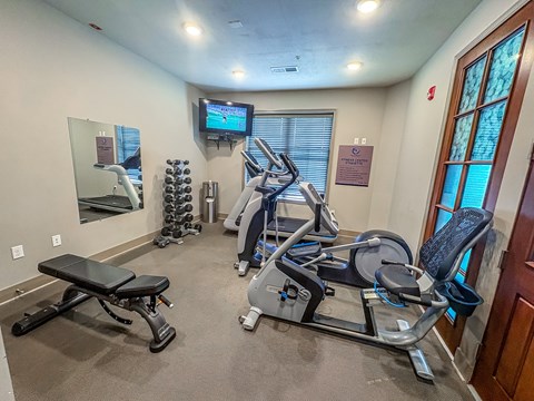 Compact fitness center at The Dorset Apartments featuring cardio machines, weight bench, dumbbells, and a mounted TV.