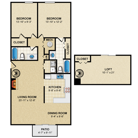 2 bed 2 bath floor plan Aat Preston Court Apartments, Kansas