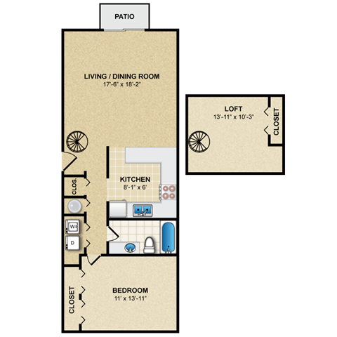 1 bed 1 bath floor planA at Preston Court Apartments, Overland Park, KS