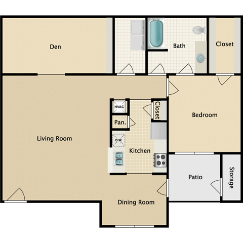 1 bedroom, 1 bathroom, den
