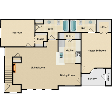 2 bedroom, 2 bathroom