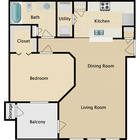 1 bedroom, 1 bathroom